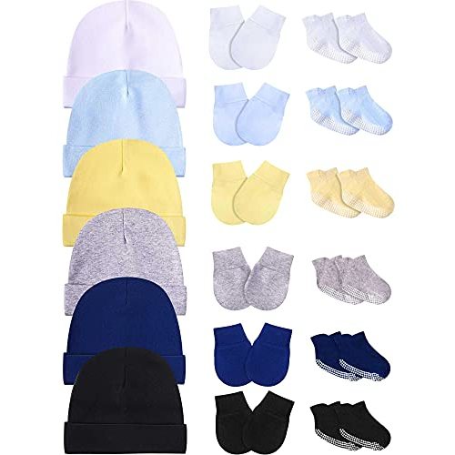 Baby Hats Mittens and Socks Set Unisex Cotton Beanie Cap and Scratch Mitten Non-Slip Baby Ankle Socks for Boys and Girls