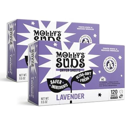 Molly's Suds Fabric Softener Dryer Sheets for Sensitive Skin | Plant-Based Static Reducer, Plastic-Free Packaging | Bundle of 2, Lavender (240 Sheets Total)