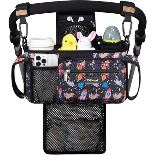 TOPDesign Universal Baby Stroller Organizer, Stroller Caddy with Detachable Mesh Bag & Heightened Insulated Cup Holders & Non-Slip Secure Hooks Accessories, Fits Most Strollers (Cats & Rockets)