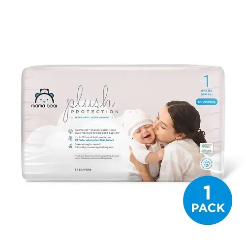 Amazon Brand - Mama Bear Plush Protection Diapers - Size 1, 54 Count, Hypoallergenic Premium Disposable Baby Diapers