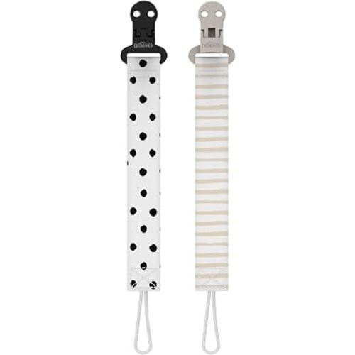 Dr. Brown's Fabric Pacifier Clips, Dots/Stripes, 0-18 Months, 2-Pack | Dots/Stripes, Pack of 2 Clips, Universal Fit, Fabric Strap for Pacifiers, BPA Free, 0-18 Months, 2-Pack