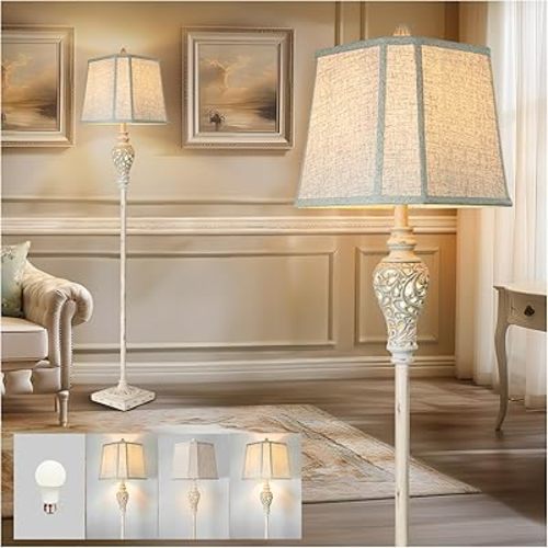 Rustic Floor Lamp 65'' Tall with Nightlight Cut Corner Linen Fabric Shade Vintage Standing Lamp for Living Room, Bedroom, Office, House (Bulb Included)