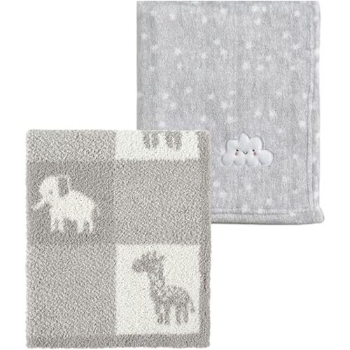CREVENT 2Pcs 30''X40'' Cute Cozy Fluffy Warm Baby Blankets for Infants Toddlers' Bedding Crib Cot Stroller - Grey Cloud + Knit Animal Grey