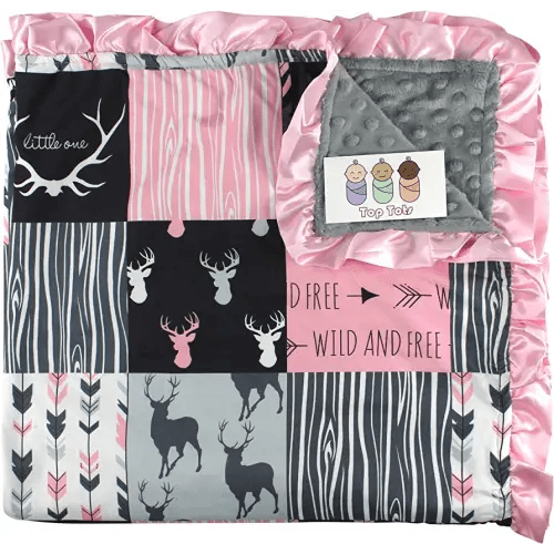Baby Blanket - Minky, Deer, Arrows and Antlers, Pink with Gray and Black, with Pink Ruffles