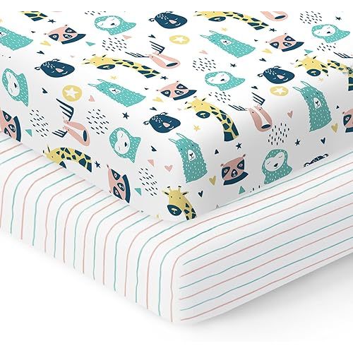 100% Organic Cotton Fitted Mattress Sheets for Graco Pack n Play, Babyletto, Pamo Babe, Dream on Me, Evenflo, Baby Trend, Hygge Hush Portable/Mini Crib/Playards, and Beka Bedside Bassinet 2 Pk