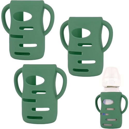 3 Pack Silicone Sleeves Compatible with Dr Brown Wide-Neck Glass Baby Bottles 9OZ/270mL, 100% Silicone Handles for Sippy Cups for Toddlers 1-3, Anti Breakage (Green, 9 OZ)