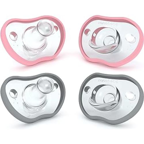 Nanobebe Baby Pacifiers 0-3 Month - Orthodontic, Curves Comfortably with Face Contour, Award Winning for Breastfeeding Babies, 100% Silicone - BPA Free. Baby Registry Gift 4pk,Pink/Grey