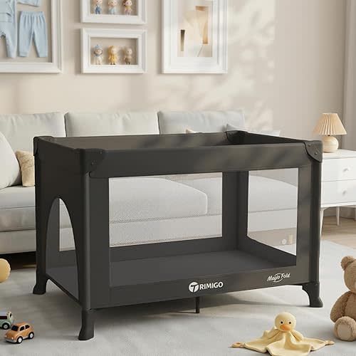 Trimigo Baby Playard, Portable Travel Crib,Baby Playpen - Baby Safe Folding Travel Bed w/Mattress, Breathable Mesh | Compact Lightweight Baby Bed for Babies & Toddlers (Black)