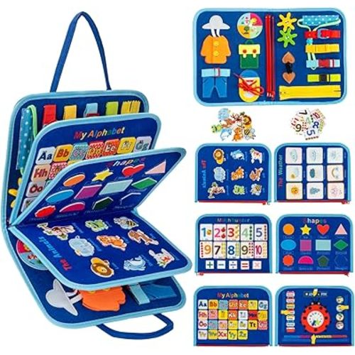 Toddler Busy Board Montessori Toys for 1 2 3 4 Year Old, Preschool Learning Activities with Life Skills,ABC,123,Shape,Color,Animal,Weather,Toddler Travel Toys，Educational Activity Developing Sensory