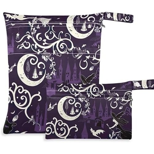Halloween Witch Wet Dry Bag for Baby Cloth Diaper Waterproof Reusable Travel Wet Bag with Two Zippered Pockets for Swimsuits, 2 Pcs
