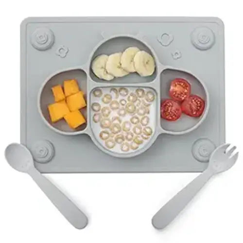 ROCCED Suction Plates for Baby Placemat Spoon Fork Set for Toddlers, Silicone Baby Plates with Suction Baby Dishes for Kids Plates-grey