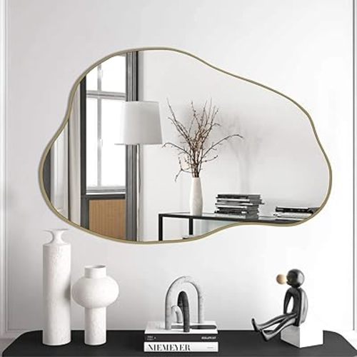 POZINO Gold Irregular Mirror, 30"x20.5" Cloud Shaped Mirrors, Asymmetrical Wall Mirror, Unique Modern Funky Mirrors for Living Room Bathroom Bedroom Entryway