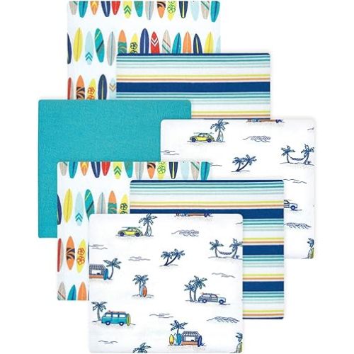 Little Treasure Hudson Baby Cotton Poly Flannel Receiving Blankets Multipack, Blue Surfer Dude, 30x30 inches