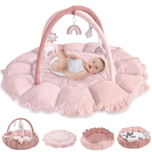 HAN-MM 5-in-1 Convertible Baby Play Gym with 6 Toys, Tummy Time Mat for Sensory Development, Baby Activity Center from Newborn to Toddler, Ball Pit, Cat & Dog Bed, Soft Plush Pet Bed, Pink