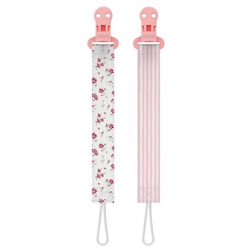 Dr. Brown's Pacifier Clips, Universal Fit Fabric Strap for Pacifiers, Flowers and Stripes, BPA-Free, 0-18 Months, 2-Pack