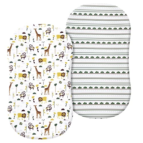 PHF 100% Cotton Bassinet Sheets 2 Pack, Soft Breathable Comfortable Cradle for Baby Boys Girls, Premium Fits Various Mattress Pad, Jungle/Monkey/Giraffe/Lion