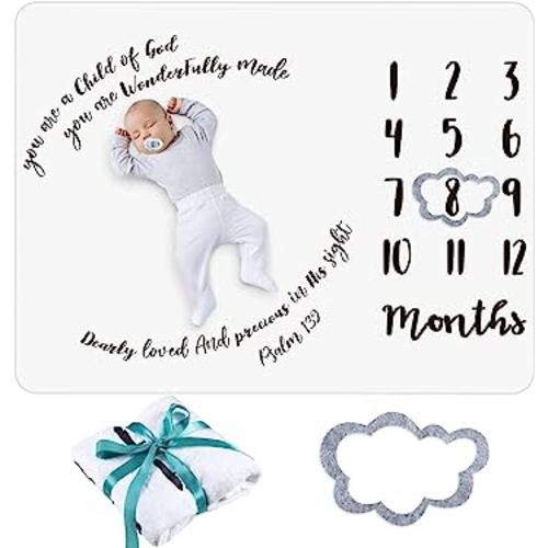 Baby Monthly Milestone Blanket 50" x 40" Soft Flannel Blanket with Growth Chart Felt Frame Christian Swaddling Blanket Baby Shower Gender Neutral Gift for Newborn Picture Nursery Decor