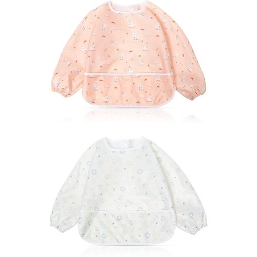 Little Dimsum Mess-Proof Baby Bibs|Infant Toddler Long Sleeve Waterproof Feeding Art Smock|Catching Food & Wipe Clean| Pack of 2 Colors(mouse&alpaca)
