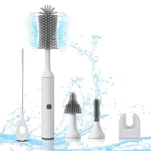 Electric Baby Bottle Brush Set with Rechargeable Electric Bottle Brush Cleaner and Replaceable Silicone Bottle Brushes and Straw Brush Cleaner, Waterproof Multi-Purpose Cleaning Brush (White)