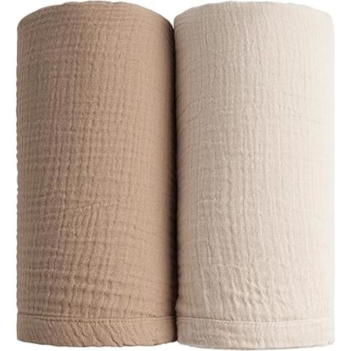 Winmany 2Pack Baby Muslin Swaddle Blankets Newborn Boy Girl Nursery Receiving Blanket Swaddling Wrap Baby Essentials for All Year 40x40in/100x100cm (Khaki+Beige)