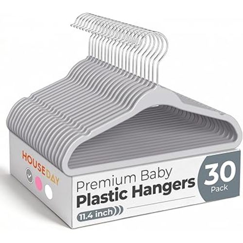 HOUSE DAY 11.4 Inch Baby Hangers 30 Pack - Plastic Kids Hangers Space Saving Thin Profile, Children Closet Organizers with Rotatable Hook of 360°, Heavy Duty for Toddler Clothes Nursery - Gray