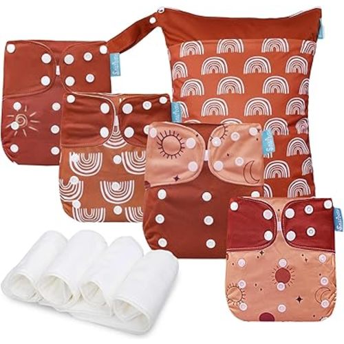 Baby Cloth Diapers Set - 4 Pack with 4 Inserts & 1 Wet Dry Separation Bag, Reusable Infant Toddler Nappy, Adjustable Pocket Diapers for Baby Boys and Girls (6-33 pounds, 0-3 Years)
