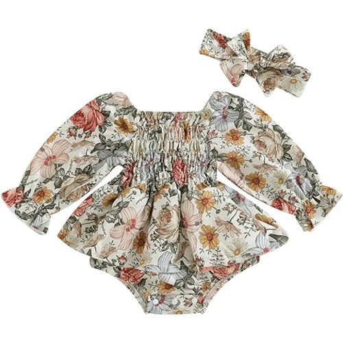 KMBANGI Infant Baby Girl Romper Off Shoulder Long Sleeve Ruffle Floral Jumpsuit Headband Onesie Boho Fall Winter 2PCS Outfits