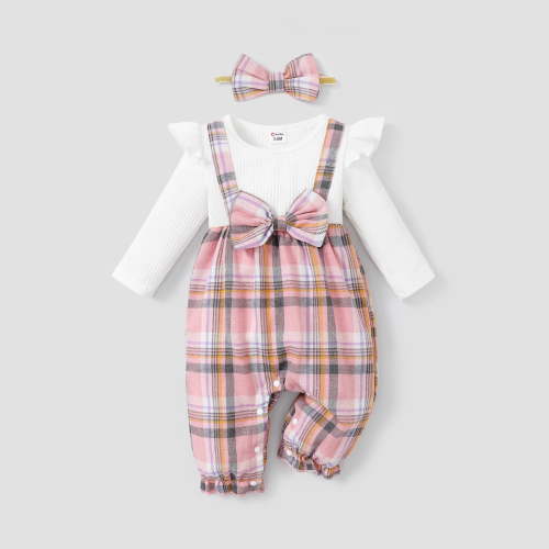 PatPat 2pcs Baby Girl Plaid & Solid Ribbed Spliced Ruffle Trim Bow Front Long-sleeve Jumpsuit & Headband Set