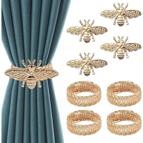 Gold Bee Curtain Tiebacks, 4Pcs Metal Drapery Holdback Modern Simple Style Curtain Tie Backs Strenchy Wire Rope Curtain Straps for Home Decor (Lengthened Straps)