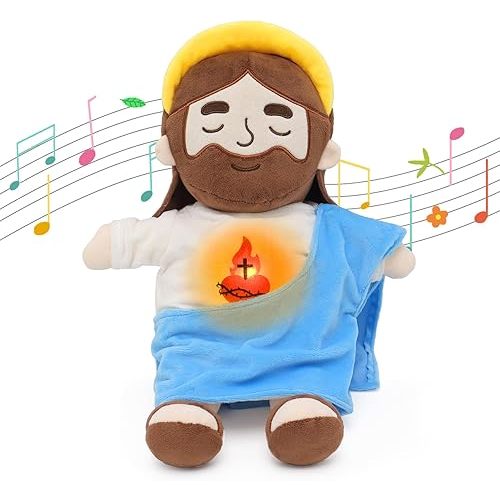 Soothing Jesus Plush Toys with Light & Sound, Jesus Stuffed Breathing Plushy Doll, Christian Catholic Religious Plushie Christmas Easter Gifts for Kids Baby (Blue)