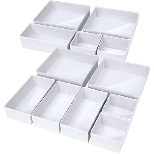 DIMJ Drawer Organizer Clothes, 12 Pack Fabric Drawer Organizer Bins, Foldable Baby Clothes Organizer & Dresser Organizer For Nursery, Clothes, Bedroom, Closet, Socks, Bra, Tie,White