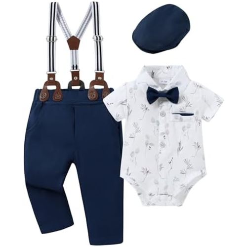 CARETOO Baby Boy Clothes Suit Infant Gentleman Boy Outfits Dress Shirt/Bowtie/Suspender Pants Set 0-18 Months