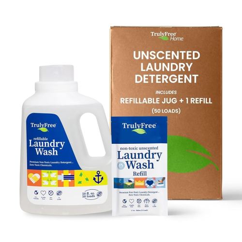 Laundry Wash Detergent for Sensitive Skin, Gentle & Safe for Baby Clothes | Plant-Based, Natural Ingredients | Unscented | Include 1 Refillable Bottle (50 Loads)