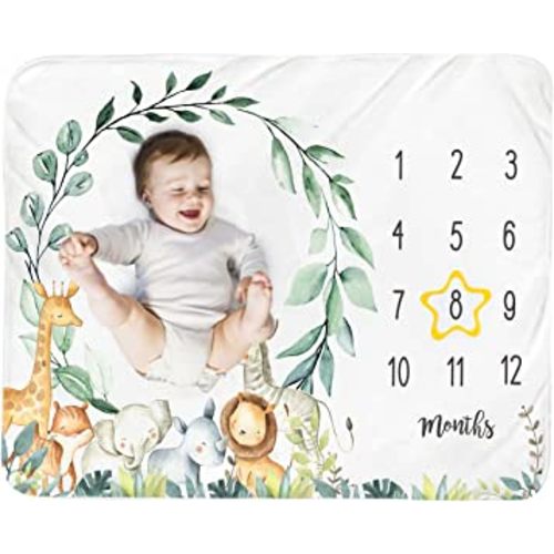 Baby Monthly Milestone Blanket Boy - Jungle Animals Newborn Month Blanket Neutral Safari Personalized Shower Gift Eucalyptus Leaf Wreath Nursery Decor Photography Background Prop with Frame 51''x40''
