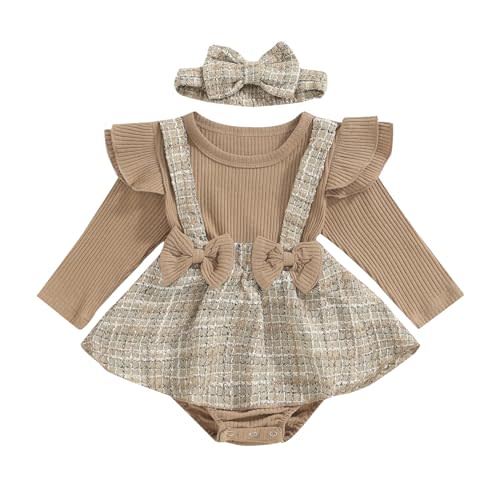 Aiwpstoin Newborn Baby Girl Outfit Plaid Romper Dress Ruffle Long Sleeve Patchwork Skirt Headband Infant Fall Winter Clothes