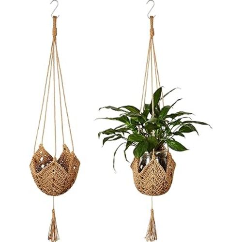 Shappy 2 Packs Macrame Plant Hangers Jute Crochet Plant Indoor Boho Hanger Large Hanging Wall Plants with 2 S Shaped Hooks for Outdoor Home Decorations Fence Planters Plant Flower Pots