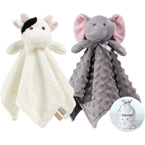 CREVENT Cozy Plush Baby Security Blanket, Loveys for Baby Girls and Boys, Birthday (Elephant +Cow)