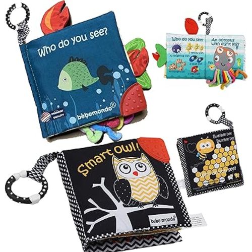 Fish Baby Crinkle Books with Owl Black White Toy for Newborn Babies Infants 0-3-6-12-18 Months, Baby Gifts