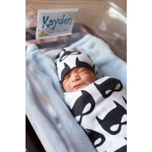 Bat Mask Baby Blanket Set, Black Bat on White Blanket + Cuffed Beanie or Headband, Super Hero Baby