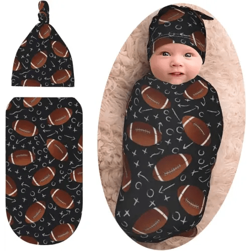 Football Baby Stuff Swaddle Blanket With Beanie Set, Soft Football Baby Blankets Newborn Sleeping Sacks For Girls Boys