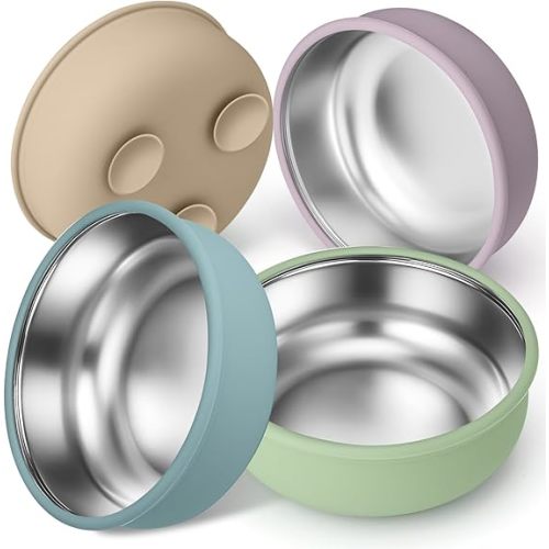 BUSOHA 4 Pack Stainless Steel Baby Bowls with Suction – 2-in-1 Toddler Feeding Plates Heat-Resistant Spill-Proof Suction Bowls for Kids Baby Toddler Food Feeding