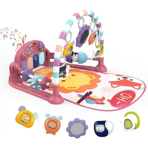 Baby Play Gym Mat with Piano, 5 Sensory Toys, Gift for 0-12 M,Lion Pink