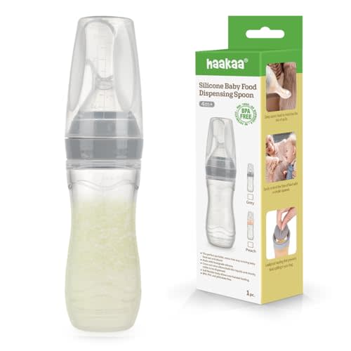 Haakaa Silicone Baby Food Dispensing Spoon Feeder 4oz - Infant Squeeze Cereal Feeder, Baby Fresh Food Feeder, Feed Bottle for Puree, Solid Baby Food, BPA Free, 4m+ Babies – Grey