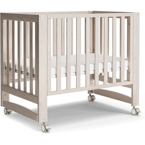 EvoNest Baby Crib, 6 in 1 Convertible Mini Crib with Wheels, 100% New Zealand Pinewood Growing Bed, 4 Adjustable Mattress Heights