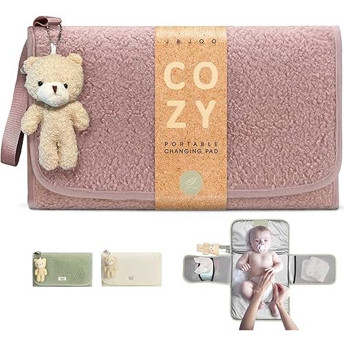 J&Joo Portable Diaper Changing Pad - Ultra Soft, Extra Padded, Waterproof Baby Changer Travel Essential, EZ Access Mesh Pockets, Gift for Baby Shower, Newborn Girls and Boys, 0-12 Months