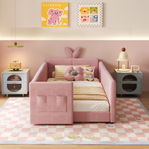 Zoomie Kids Upholstered Platform Bed With Cute Rabbit Ear Shaped Headboard, Safety Rail, And Convenient Storage Pocket, Boucle Fabric – Perfect For Kids' Bedroom & Reviews | Wayfair