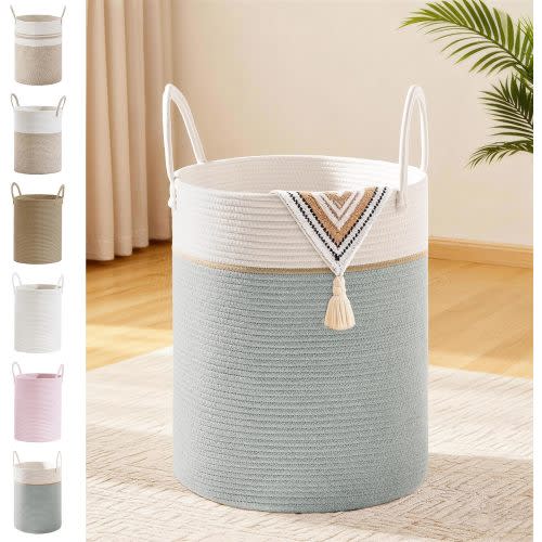 Tall Laundry Basket with Handles, 53L Portable Dirty Clothes Hamper, Boho Cotton Rope Storage Bin for Blankets Kids Toys Gifts, Decorative Organizer for Nursery Bedroom Bathroom, Sage Green