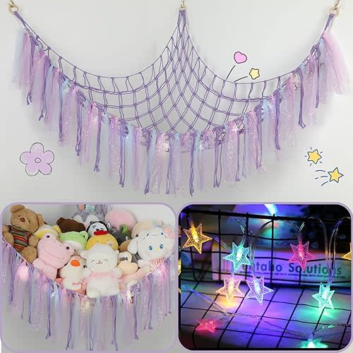 Stuffed Animals Net or Hammock with LED Light, 59 inch Toy Hammock Net for Stuffed Animals Corner Hanging Stuffed Animal Storage Stuffed Animal Holder for Nursery Kids Bedroom (Purple)…