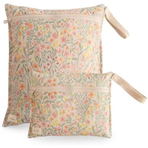 mushie Water Resistant Wet Bags | Large & Small Reusable Storage Bag for Baby Items and Travel | Zippered Pockets with Handle | Machine Washable, Set of 2 (Pastel Blooms)