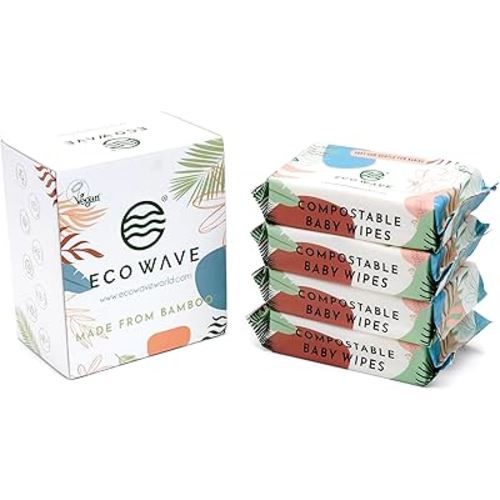 Eco Wave Baby Wipes, 100% Compostable Eco-Friendly Bamboo Wipes, Unscented, Hypoallergenic, Vegan, Alcohol-Free, Suitable For Sensitive Skin (Pack of 4)